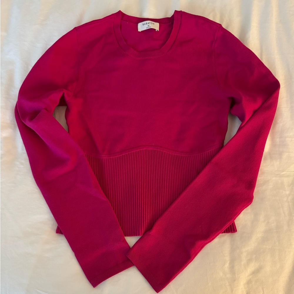 Aritzia Babaton Sculpt Knit Empire Long Sleeve Sweater Top in hot pink XS